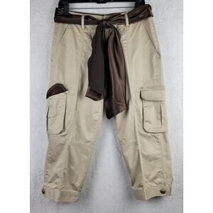 Cache Khaki Cargo Capri Brown Bohemian Scarf Belt Sz 8 Gold Button Decor Hippie